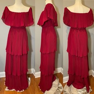 RICARICA Off Shoulder Tiered Skirt Maxi Dress DEEP RED / SMALL